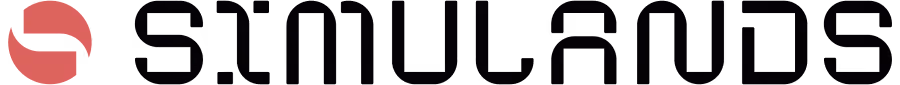 Simulands logo with red abstract shape next to black stylized text.