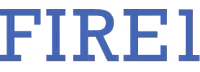 Blue text reading FIRE1 in a bold, serif font on white background.