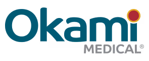 Okami Medical logo with a red and gold dot above the letter i.