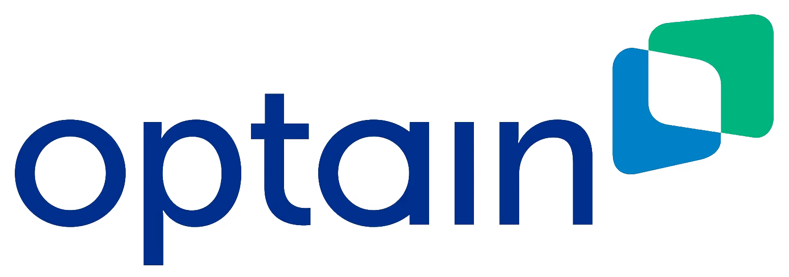 Optain logo with dark blue text and overlapping blue and green squares on a white background.