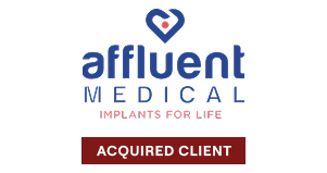 Affluent Medical logo with tagline implants for life and acquired client badge.