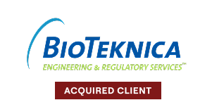 BioTeknica logo with tagline Engineering & Regulatory Services and a red label Acquired Client.