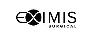 Eximis Surgical logo with stylized globe and company name in blue and turquoise on a black background.