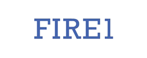 Blue text reading FIRE1 in a bold, serif font on a white background.