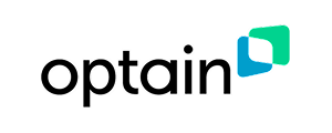 Optain company logo with stylized overlapping blue and green shapes.