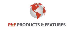 Red and white globe icon with text 'P&F PRODUCTS & FEATURES' beside it.