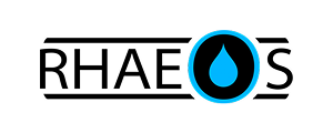 Logo with text RHAEOS and a circular water droplet symbol inside the letter O