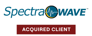 SpectraWave logo with a heartbeat wave symbol and text Acquired Client on a red background.