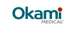 Okami Medical logo with a red dot on the letter i