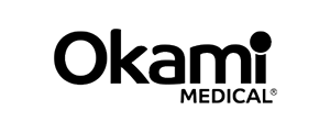 Okami Medical logo with stylized red and black swirls forming an abstract design.