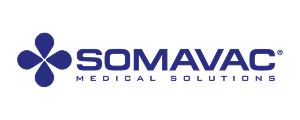 Somavac medical solutions logo with a blue stylized cross symbol.