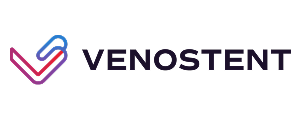 Venostent logo with stylized V icon in gradient colors blue, red, and purple
