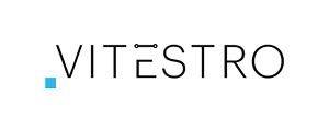 Logo with word Vitestro in black and a small blue square on the left.