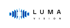 LUMA Vision logo with stylized blue vertical panels forming a symmetrical design on black background.