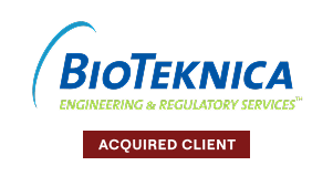BioTeknica logo with tagline Engineering & Regulatory Services and a red label Acquired Client.