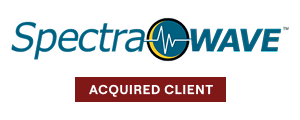 SpectraWave logo with a heartbeat wave symbol and text Acquired Client on a red background.