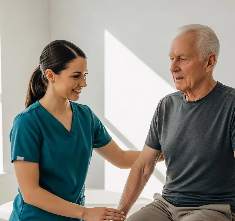 Smiling female nurse supporting elderly man by holding his arm in a brightly lit room.