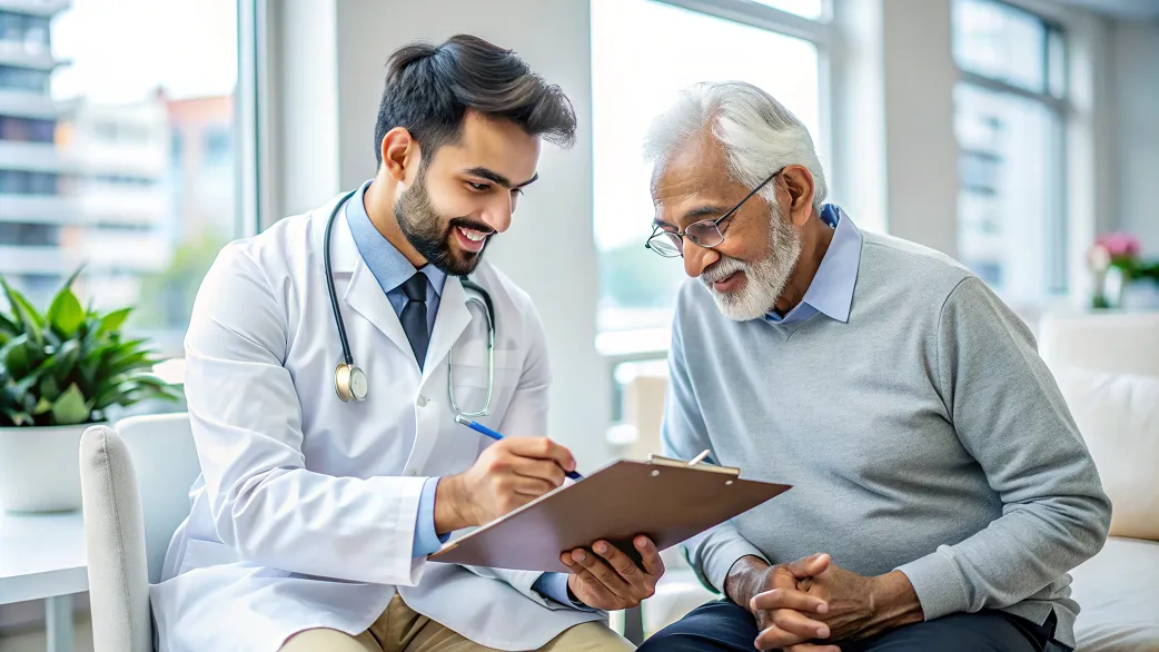 a doctor making prescription for a patient