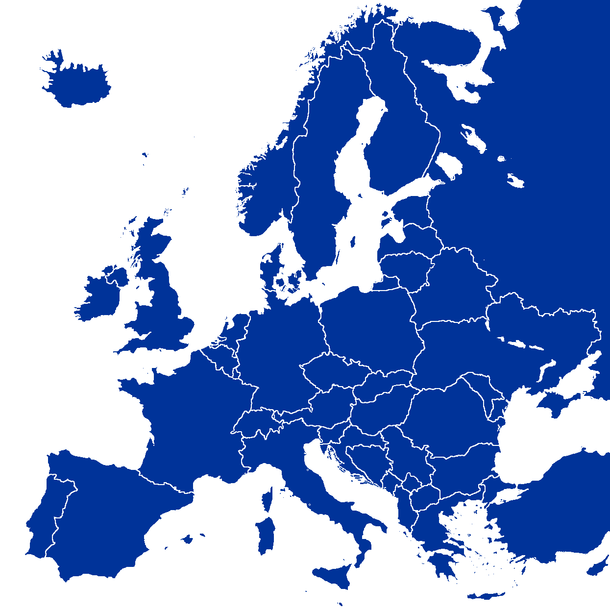 Political map of Europe with countries outlined in white on a solid blue background.