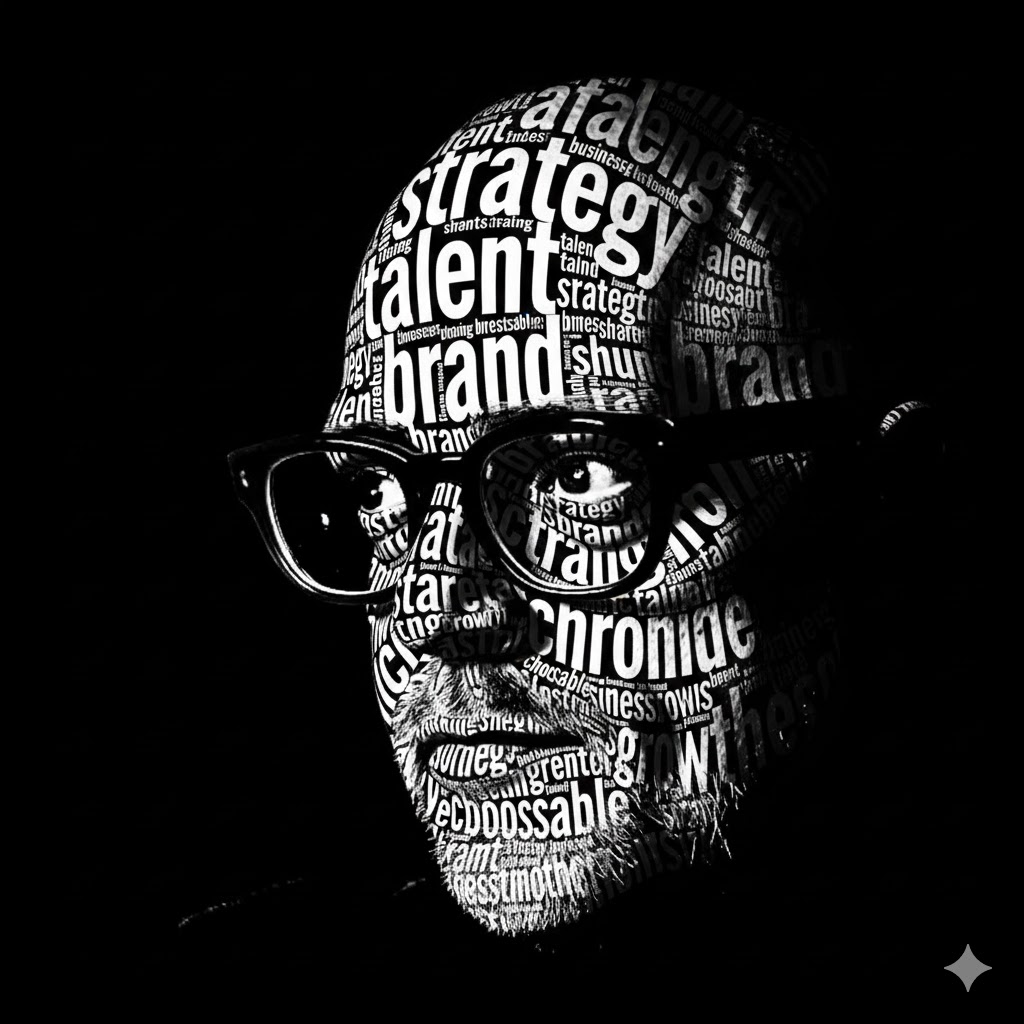 Illustration of James Ellis's face with words like Strategy, Talent, Brand, and Choosable written on it