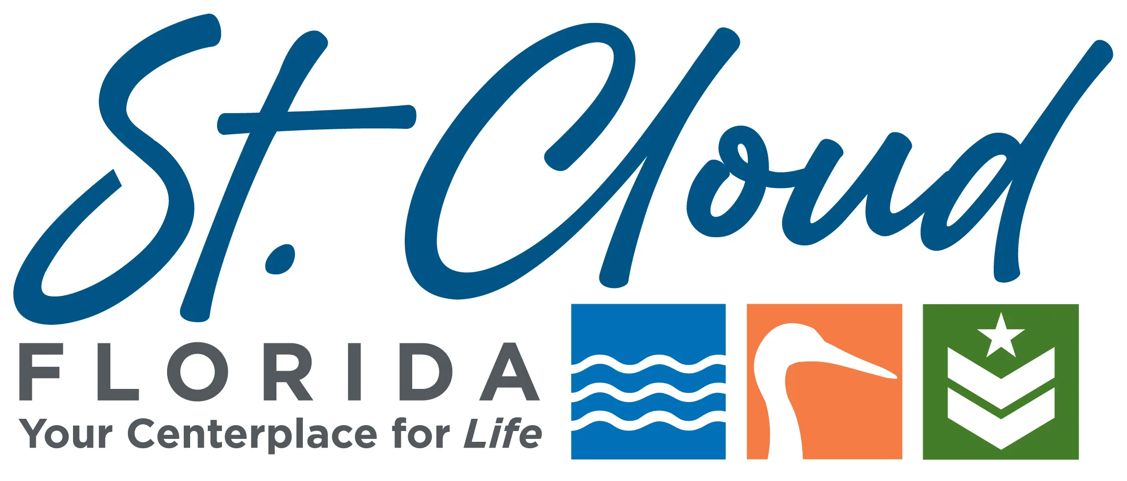 St. Cloud Florida logo with text 'Your Centerplace for Life' and icons of water waves, a bird, and a star with chevrons.