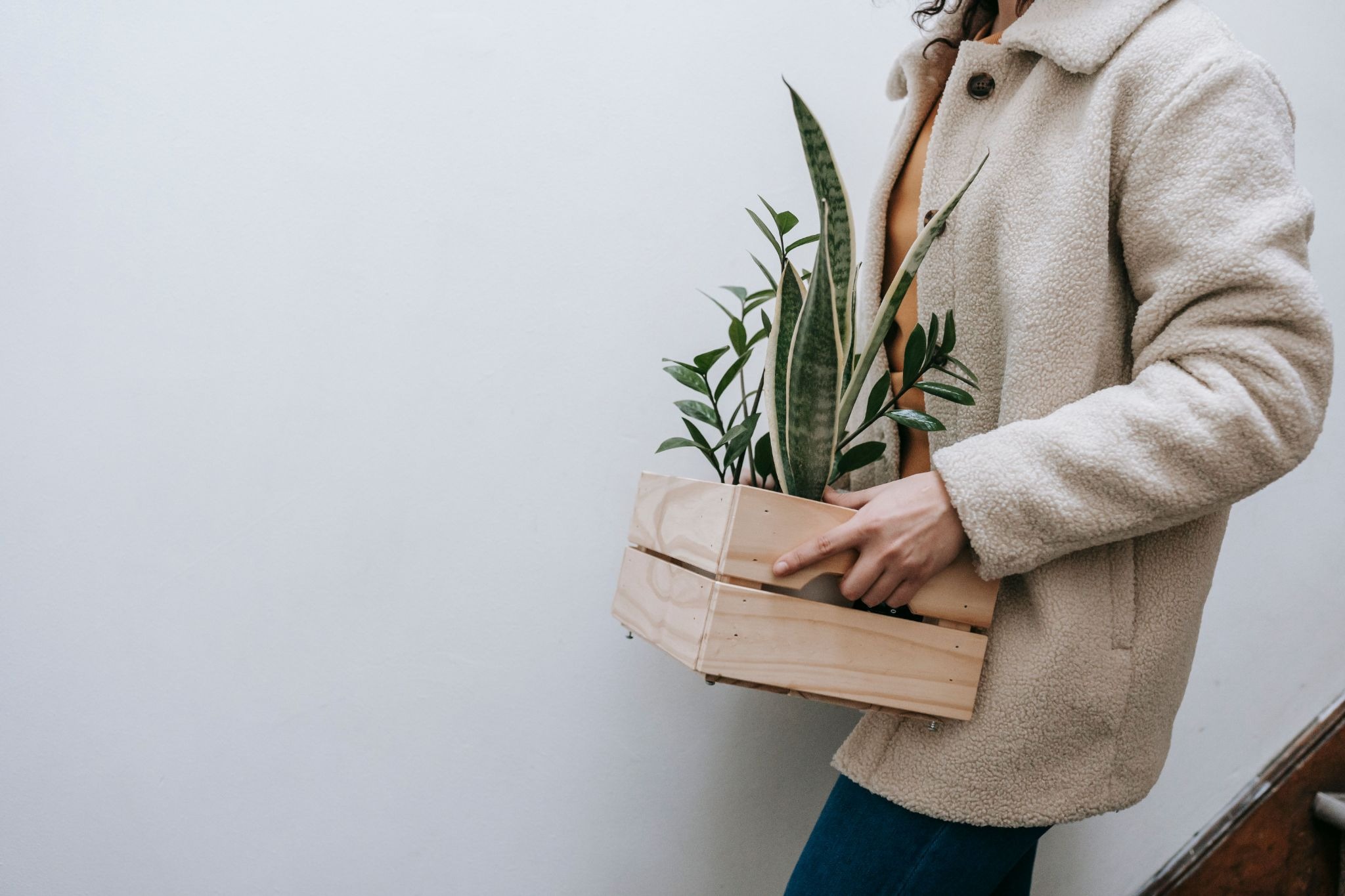 A person wearing a beige fleece jacket carrying a wooden crate filled with green potted plants while walking indoors.