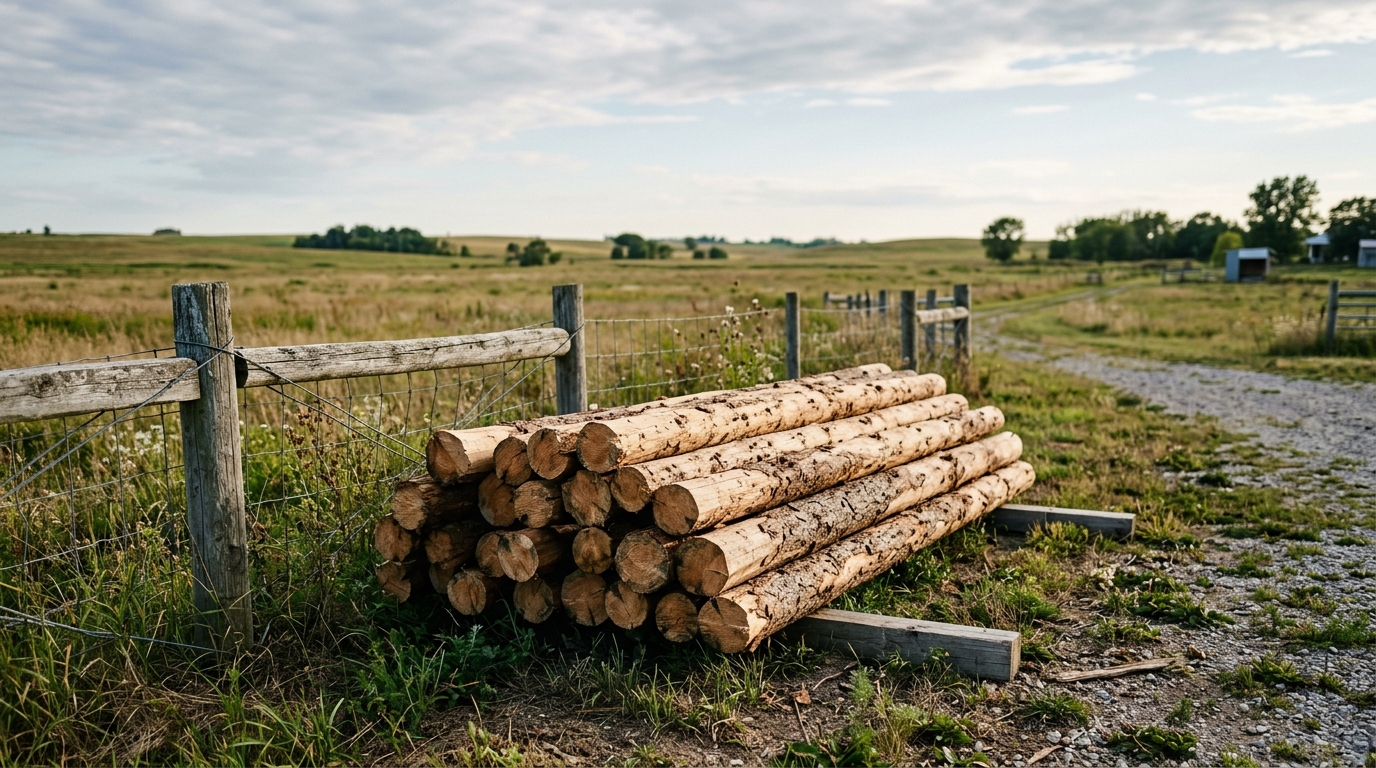 Round wood fence posts stacked at a lumber yard, showing natural bark and dense outer wood fibers ideal for farm and rural fencing projects