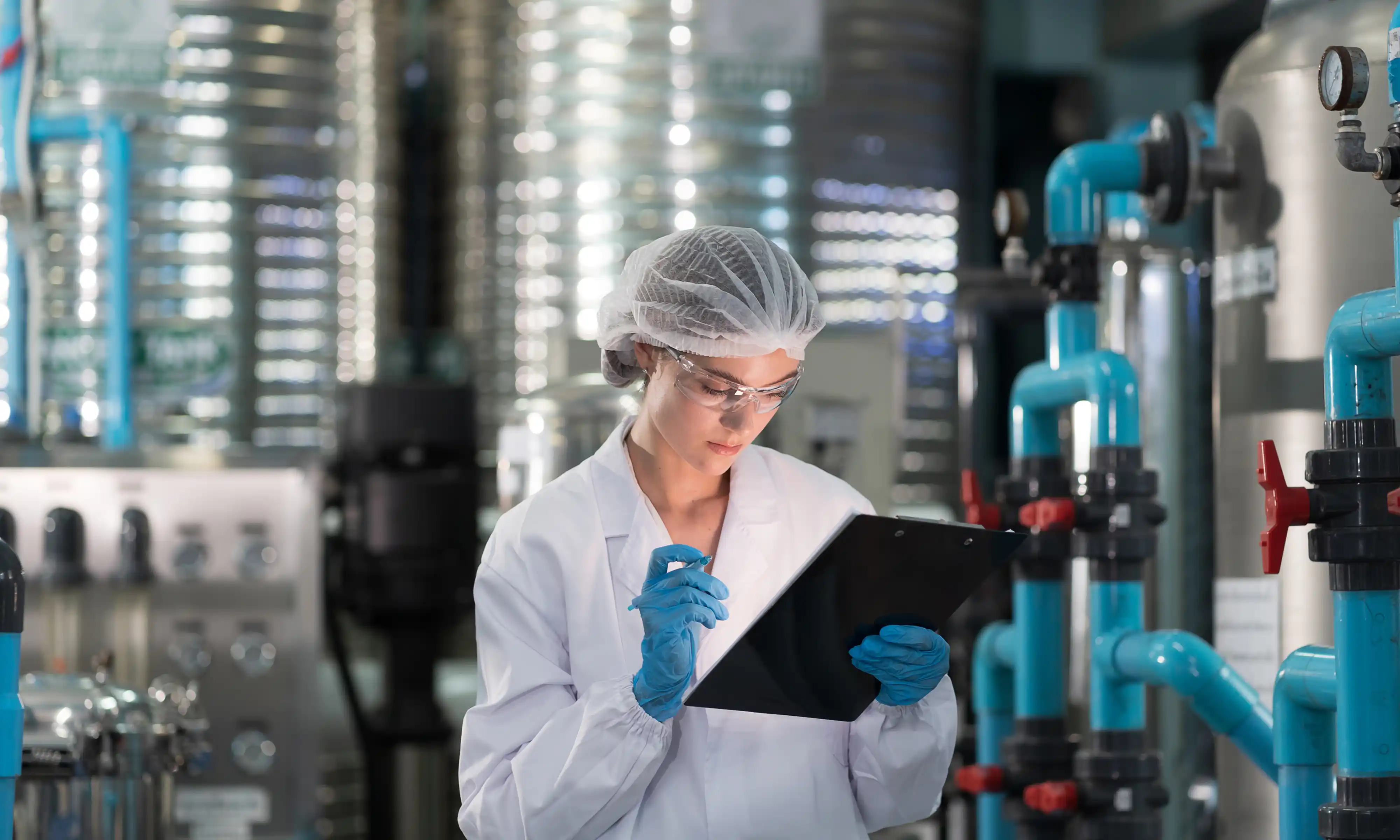 Female worker in a white lab coat, hair net, safety glasses, and blue gloves inspecting notes on a clipboard inside an industrial facility with blue pipes and machinery.