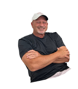 Smiling middle-aged man wearing a white cap and black t-shirt with arms crossed.