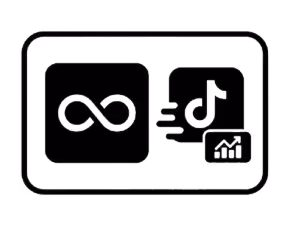 Black and white digital icon showing an infinity symbol, music note with motion lines, and a small graph on a screen-like background.