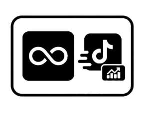Black and white digital icon showing an infinity symbol, music note with motion lines, and a small graph on a screen-like background.