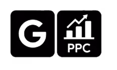 Black icons of the letter G and a rising bar graph labeled PPC.