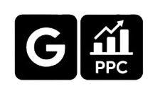 Black icons of the letter G and a rising bar graph labeled PPC.