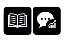 Two black square icons, one with an open book showing text lines, the other with a speech bubble and a bar chart.