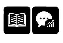 Two black square icons, one with an open book showing text lines, the other with a speech bubble and a bar chart.