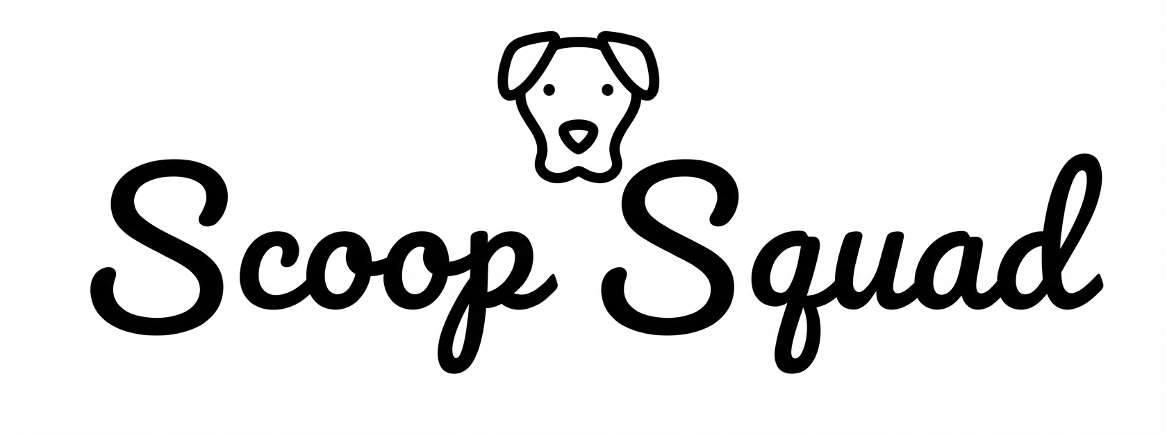 Logo with the text 'Scoop Squad' in cursive font and a simple dog face outline above the text.