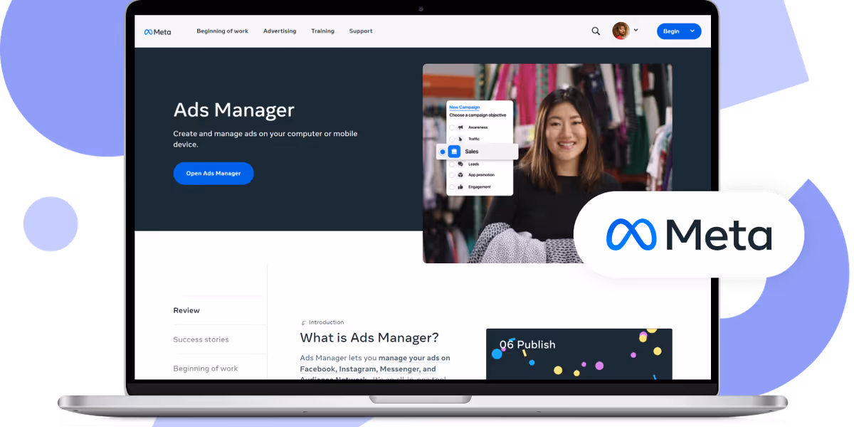 Laptop screen showing Meta Ads Manager webpage with a smiling woman and campaign objective options.