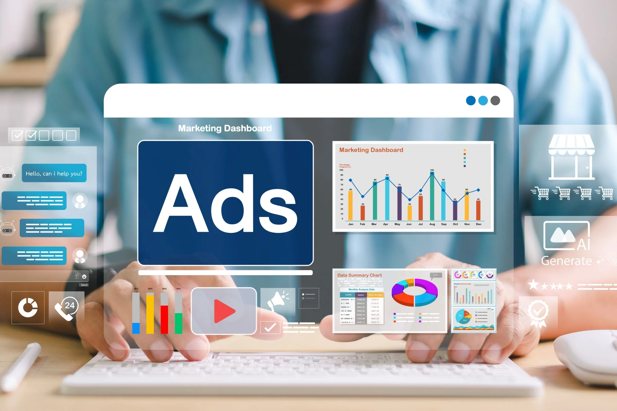 Hands typing on a keyboard with an overlay of a digital marketing dashboard displaying ads, charts, chat messages, and e-commerce icons.