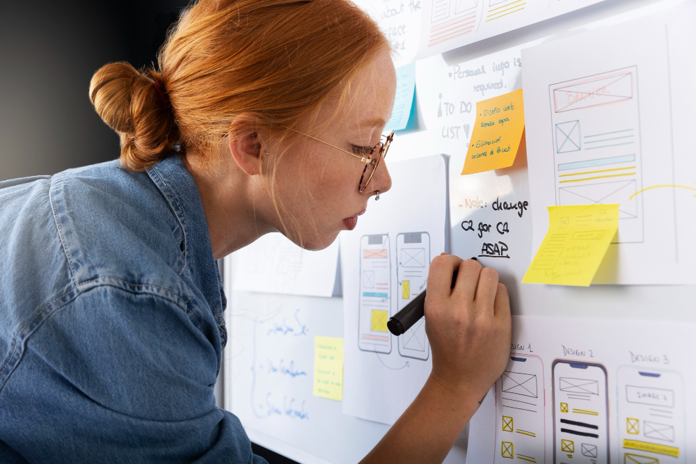 Employée préparant la stratégie de la refonte d'un site sur un tableau