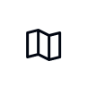 Black outline icon of a folded map with three sections.