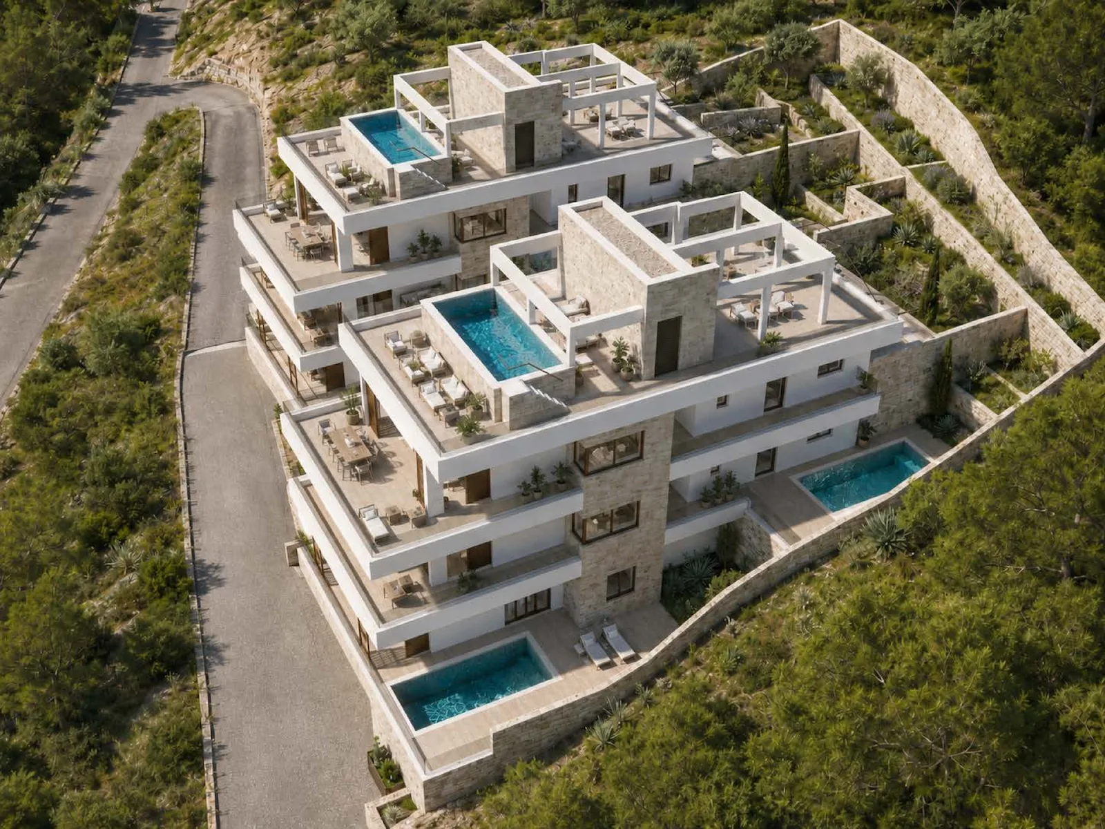 Angled aerial perspective of modern apartment building with rooftop pool and terraces