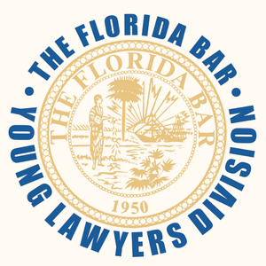 Seal of The Florida Bar featuring a figure, palm trees, a boat, and the year 1950, surrounded by text reading The Florida Bar Young Lawyers Division.