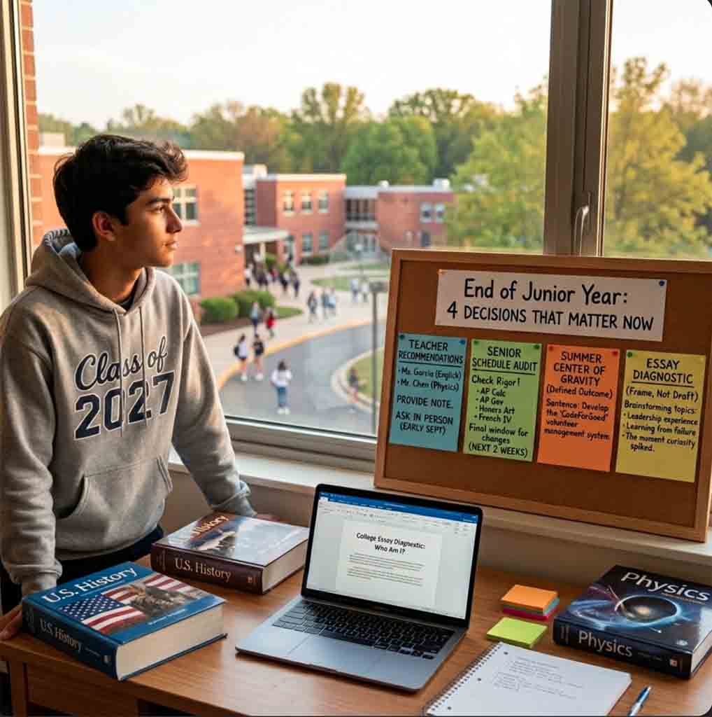 At the end of junior year, families need to make four key college admissions decisions: secure teacher recommendations, review the senior course schedule, define the summer’s center of gravity, and begin the essay diagnostic. These choices shape how the senior application will read, and waiting until August can narrow or close important options. The most urgent step is to create a focused summer plan that deepens an existing commitment and produces a specific outcome the student can carry into the application.