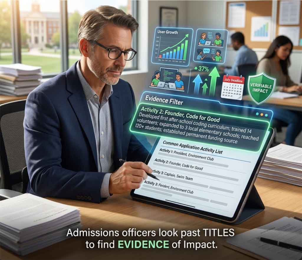 Admissions officers read extracurricular descriptions for evidence, not titles. A role like President or Founder matters only if the description shows what the student actually did with it. Strong activity entries explain what changed because the student was involved, how many people or programs were affected, and what would have been lost without their contribution. Instead of padding the list with vague roles or responsibilities, students should focus on activities with real impact, scale, or depth of commitment. The strongest descriptions are specific, compressed, and written before the application is finalized, so the activity list reads like evidence of contribution rather than a list of titles.