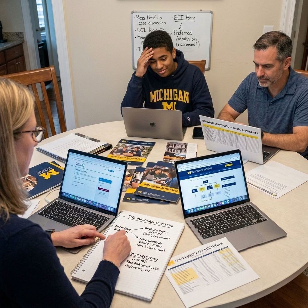 The University of Michigan admits students to a school or college, not to the university, so every file is read against the standards of the unit the student selects on the application, and LSA, Engineering, Ross, and Nursing are four different reads with no fallback between them. Michigan offers three plans on two deadlines: binding Early Decision and non-binding Early Action, both November 1, and Regular Decision February 1, with the same review promised for all three. An early application can return a third answer, postponed, which releases the file into the regular pool and makes the senior-year record part of the decision.