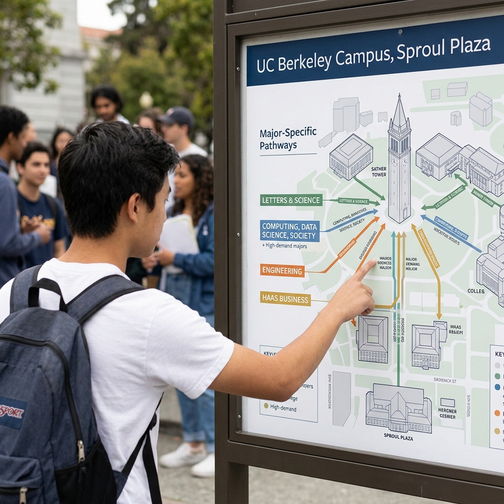 At UC Berkeley the primary major on the UC application can determine the admissions pathway. Berkeley's Application FAQs state that it guarantees review of the primary major only and will not review students for an alternate major. Several colleges then add their own rules: Letters and Science has five high-demand majors with a reserved-seat process; the College of Computing, Data Science, and Society admits directly to Computer Science, Data Science, or Statistics; Engineering applicants choose a named program or Engineering Undeclared; and Berkeley's three first-year business pathways carry three different consequences on denial. Berkeley is test-free, conducts no interviews, and has one filing period, October 1 through November 30, with no Early Action or Early Decision.