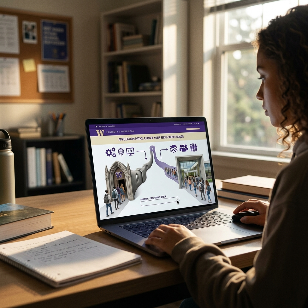 The University of Washington admits in one round, reads every file after the November 15 Common App deadline, and makes the decision that matters at the major level. The first-choice major typed into the application decides which review the file enters: UW reports three-year average admit rates of 47 percent for Washington residents and 39 percent for non-residents, but the Allen School's direct admission to computer science admitted 8 percent of domestic out-of-state applicants in 2026. UW reads no recommendations, no interviews, no demonstrated interest, and reviewers do not see test scores. The transcript, self-reported through the new STARS system by November 22, and the Common App essay carry the whole decision.
