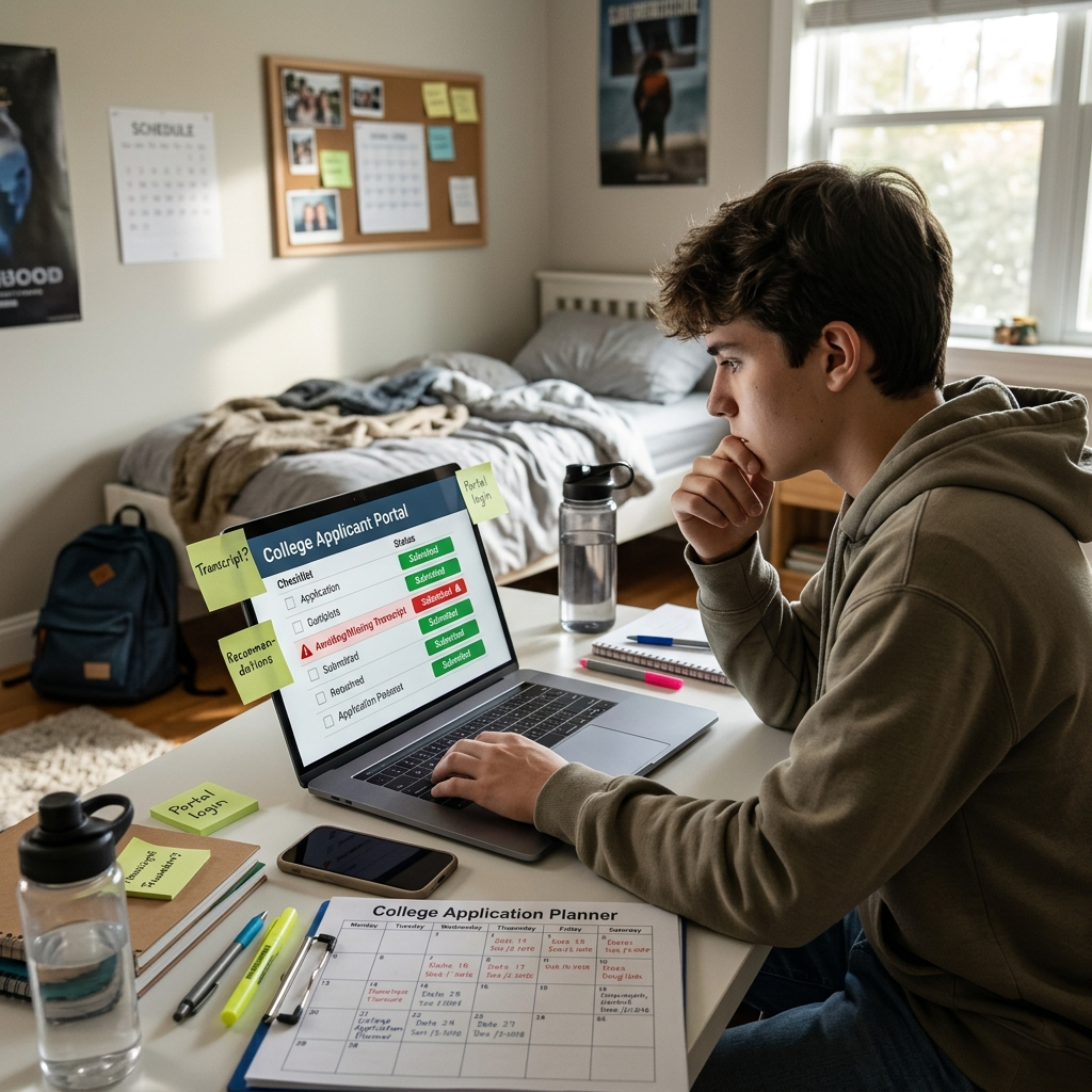  A Common App submission confirmation means the application was submitted. It does not mean the college has everything it requires. Each college runs its own applicant portal with a checklist that tracks the transcript and counselor forms, teacher recommendations, test scores if required, and any school-specific step such as a self-reported academic record. Some colleges also set a separate materials deadline after the application deadline; Illinois, for example, requires all Early Action materials by November 7 for a November 1 application. The student opens each portal as soon as access arrives, reviews every line, confirms any missing item with the sender, and contacts admissions before a materials deadline passes.
