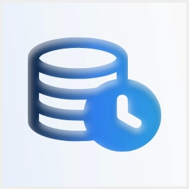 Blue database icon with a clock symbol in front, representing data storage and time.