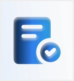 Blue document icon with two horizontal lines and a checkmark in a circle.